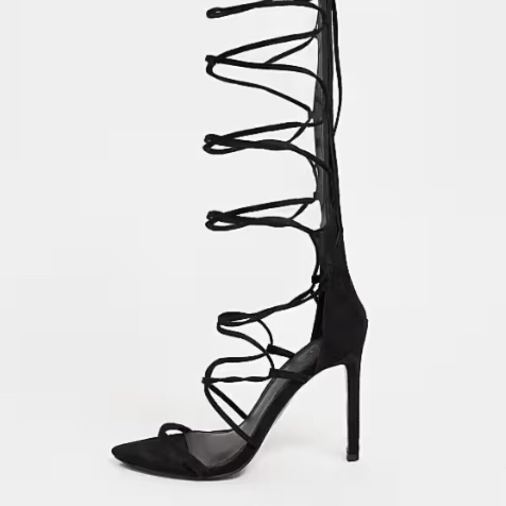 ASOS DESIGN Harsh knee high gladiator heeled suede sandals in black size 6